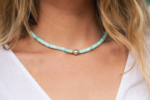 Blue Peruvian Opal Tahitian Pearl Necklace